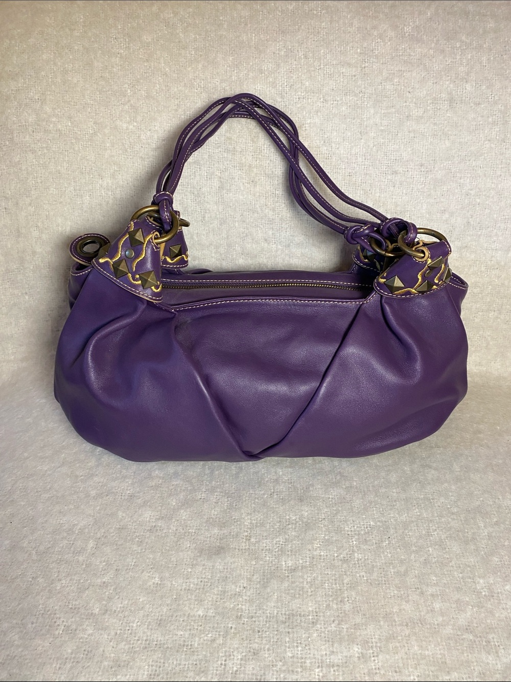 Purple Leather Shoulder Bag with Decorative Gold Accents - Picture 2 of 9